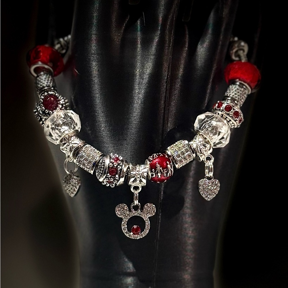 Elegant Silver and Red Charm Bracelet